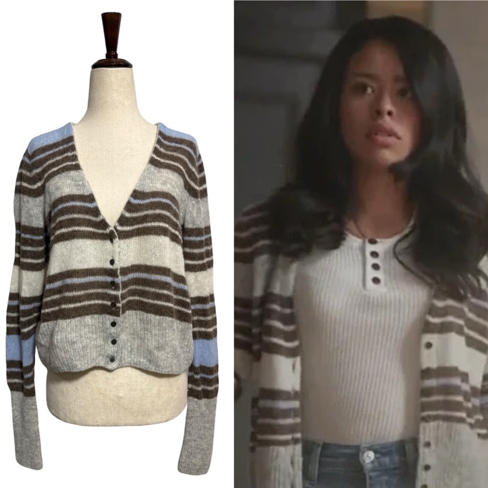 Free People • Kinsley Striped Cropped Cardigan Blue Brown M ASO Mariana Foster